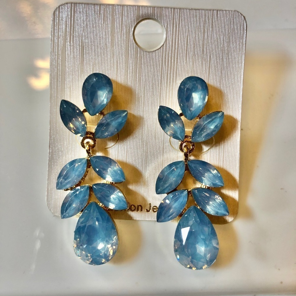 Farah Blue Floral Crystal Dangle Earrings Gold Tone Statement